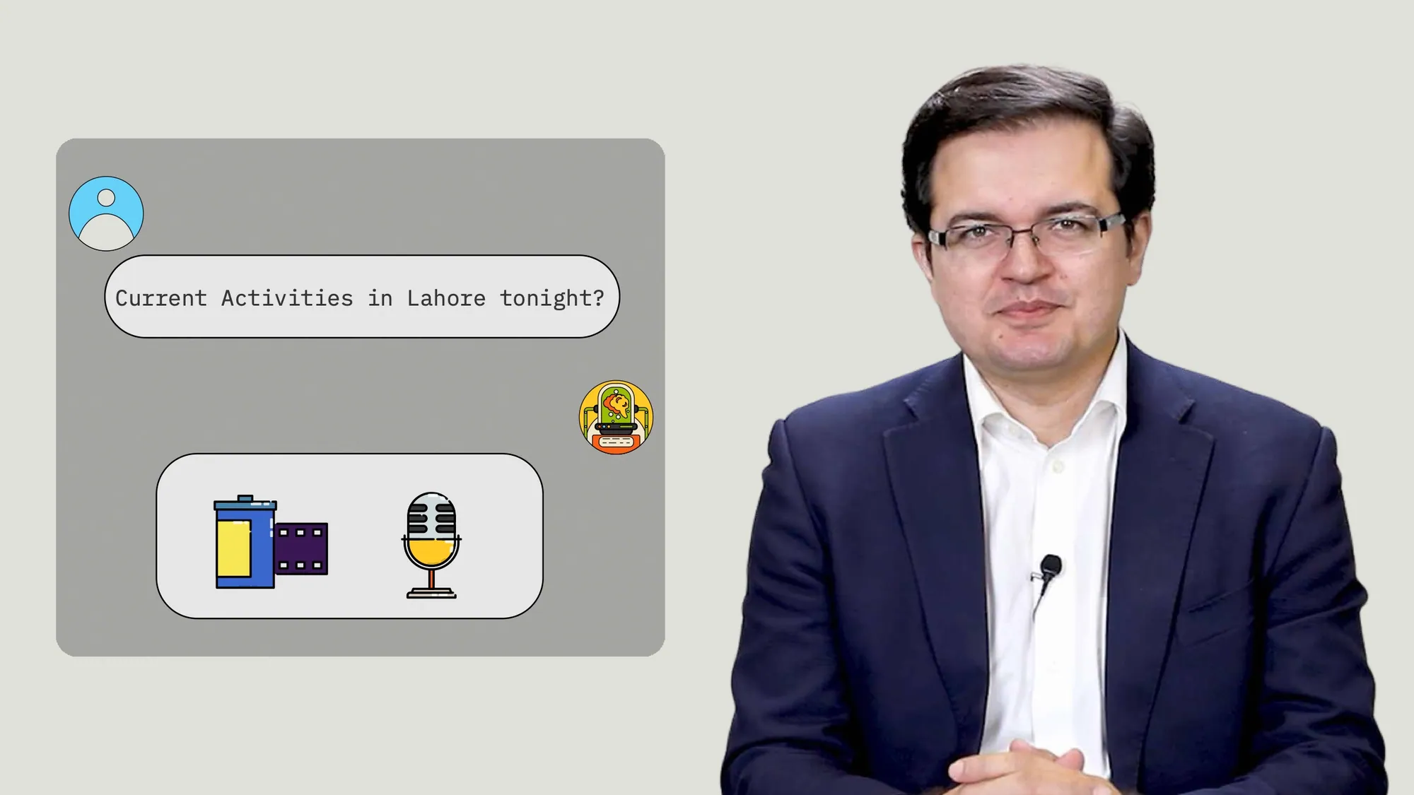 Instructor view: the instructor on the right and a chat demo window with icons on the left