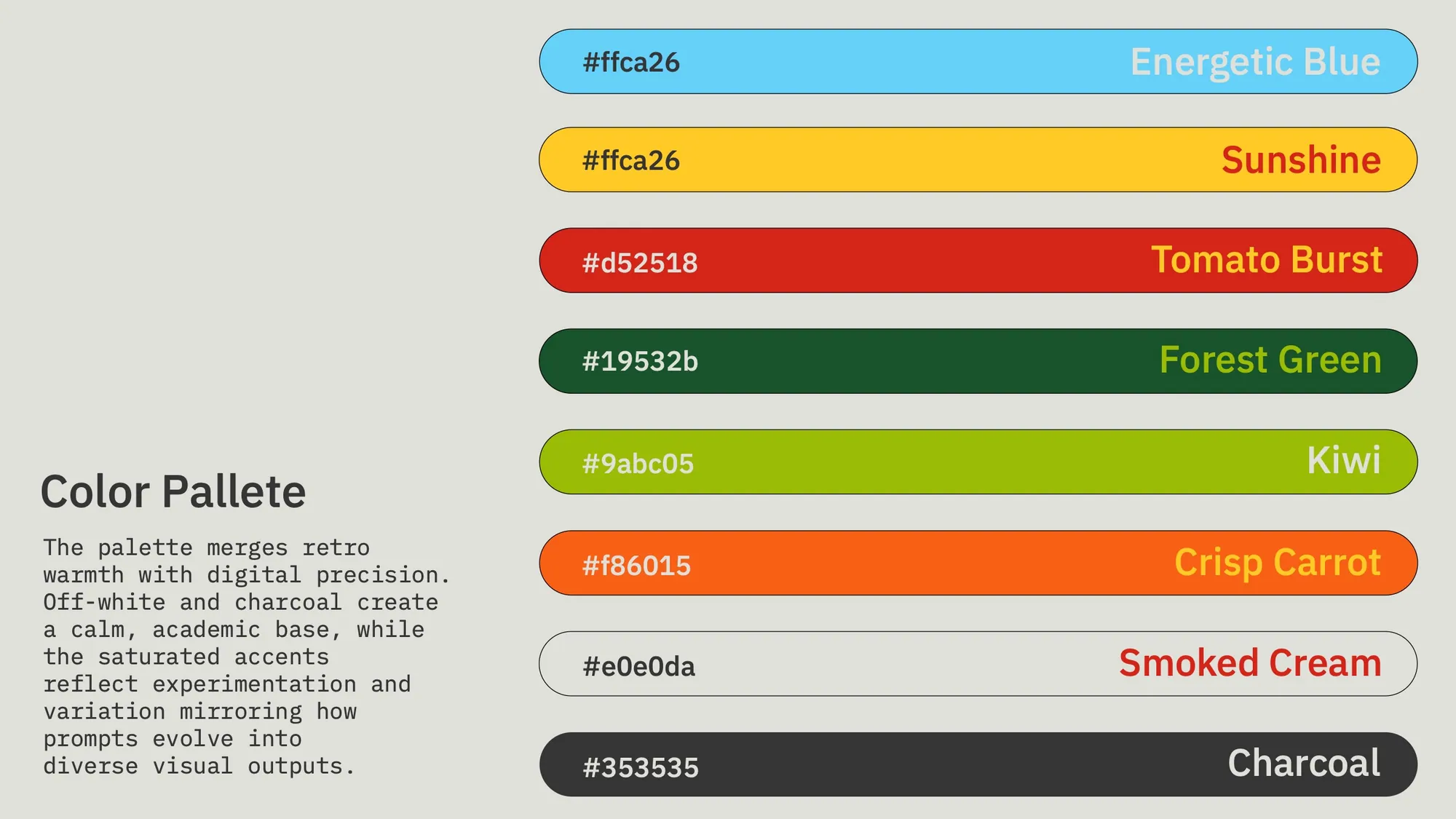 The colour palette as eight rounded bars, from Energetic Blue to Charcoal