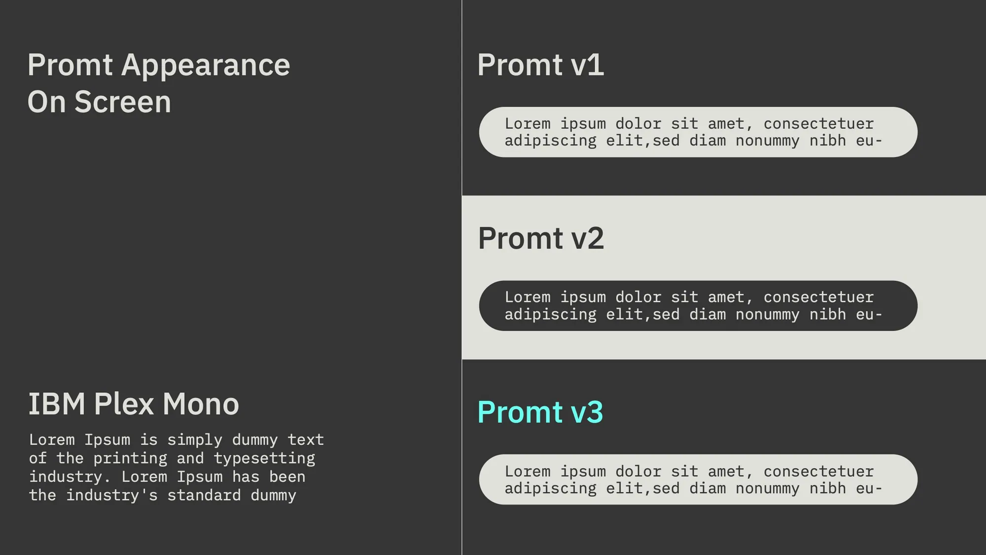 How prompts appear on screen: three numbered prompt versions in mono type