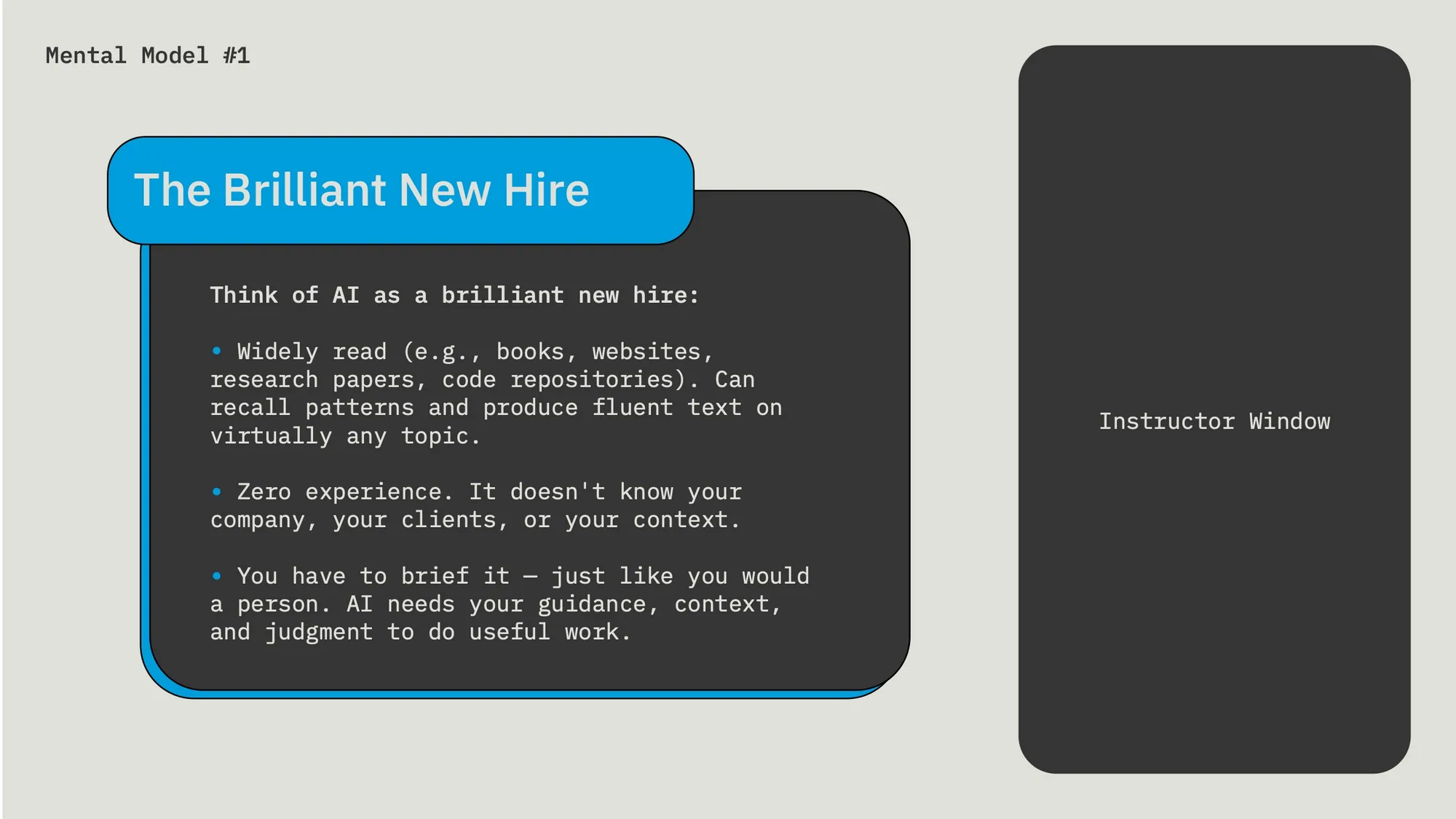 Lesson slide “The Brilliant New Hire”, a mental model for AI, with an instructor window