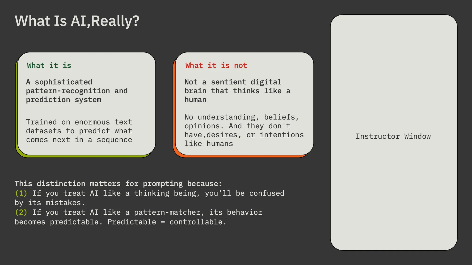 Lesson slide “What is AI, really?” comparing what AI is and is not, with an instructor window