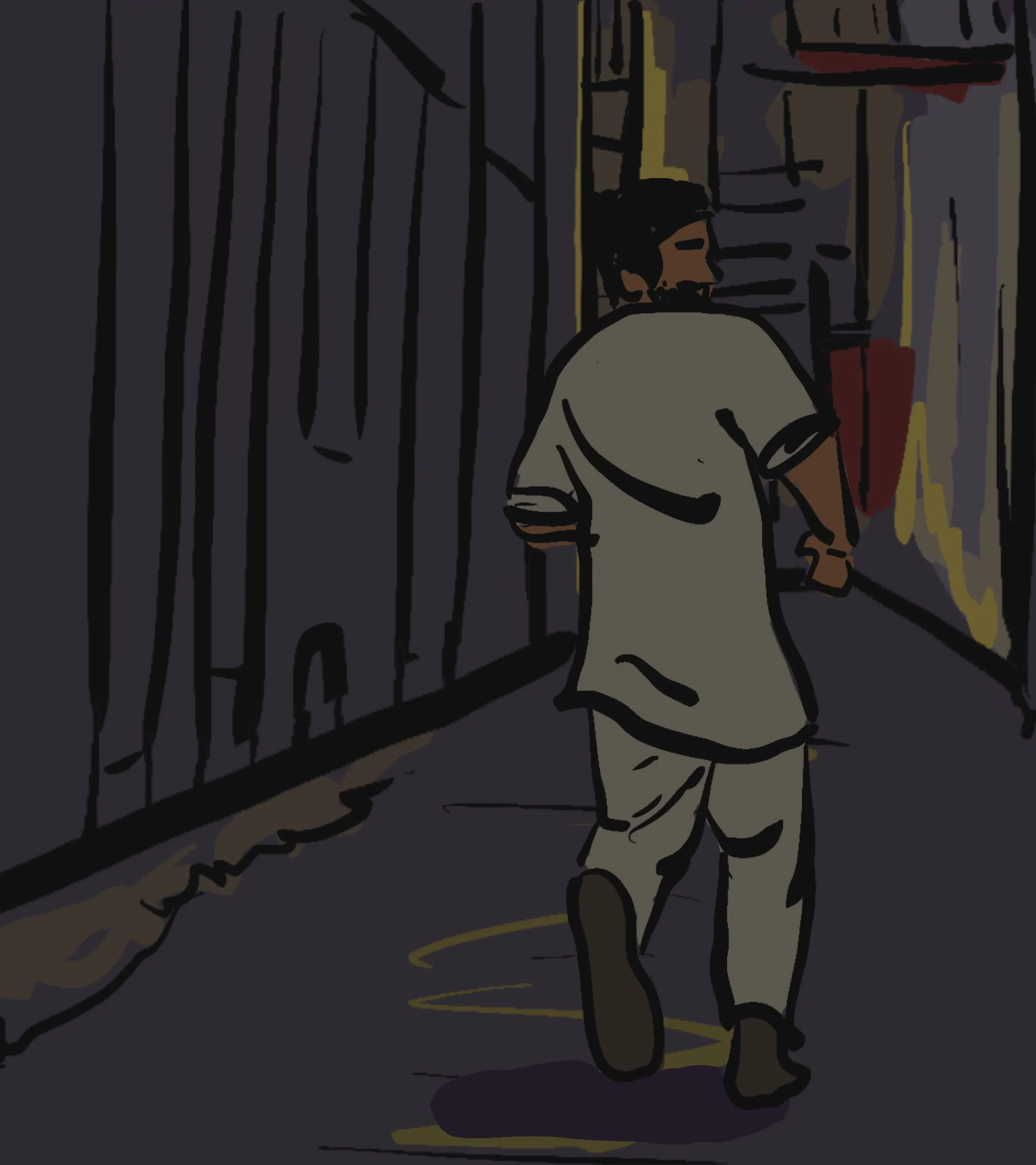Khalid seen from behind, walking into a narrow alley