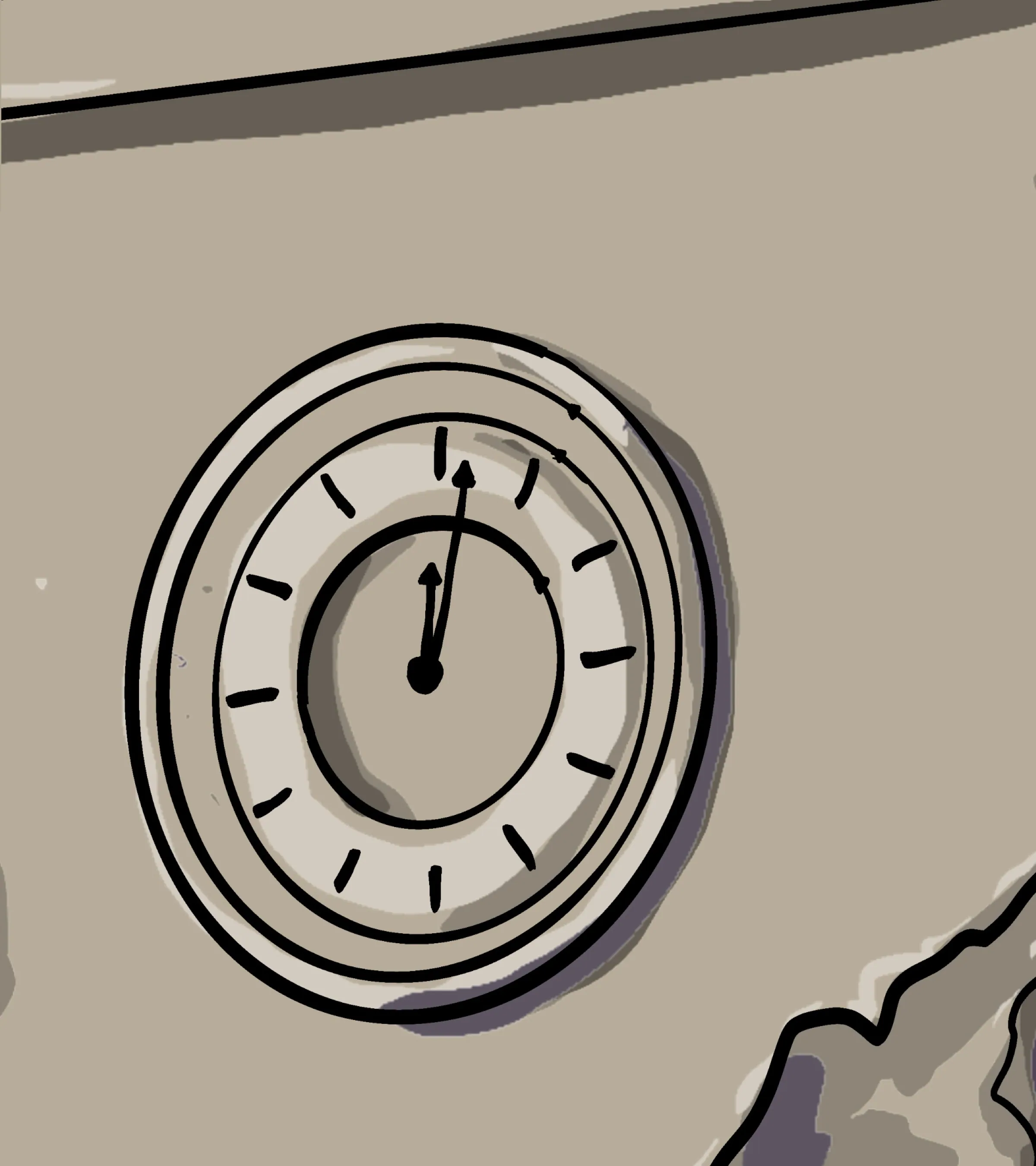 A clock on a cracked wall, its hands near midnight