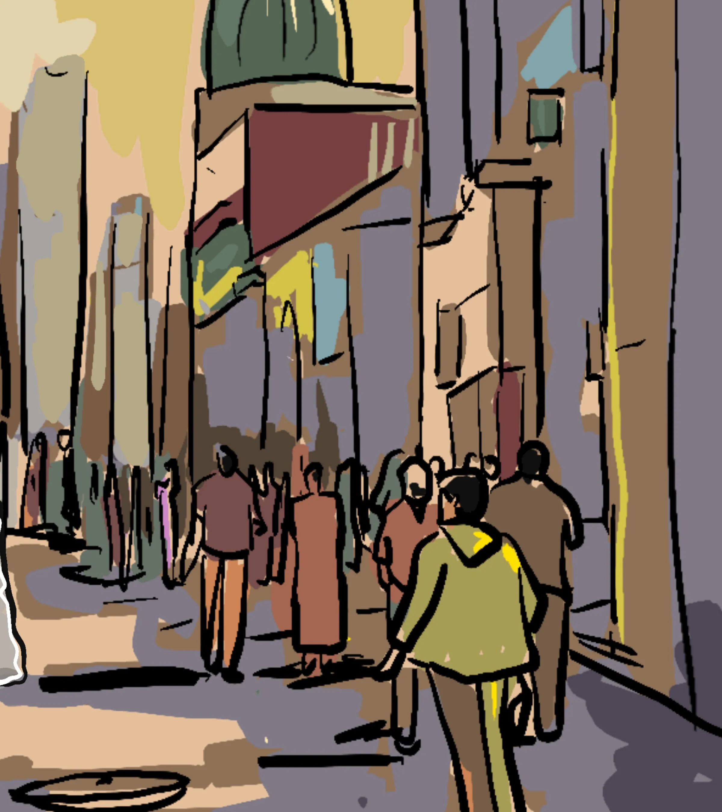 A crowded street of the unreal city, faces blurred, tall buildings leaning in