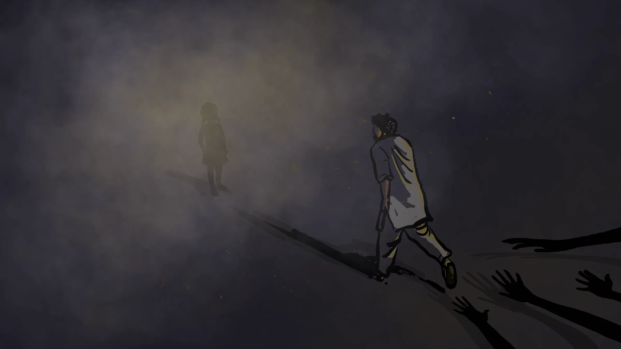A figure walking through fog while shadowy hands reach for him from below