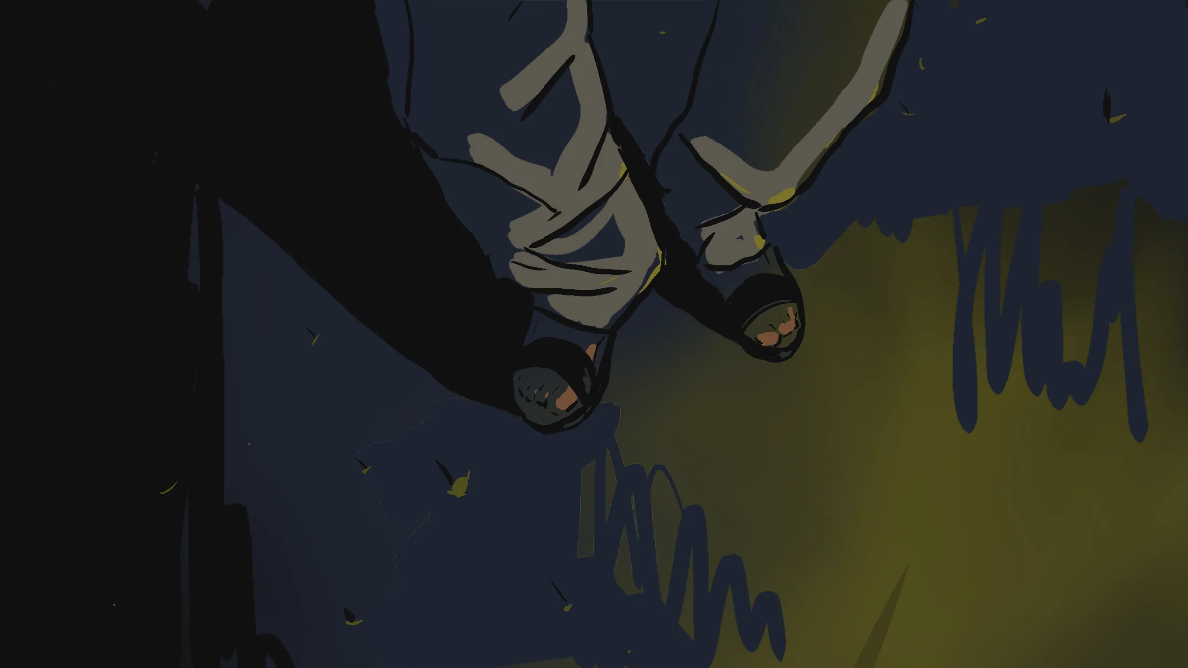 Khalid’s legs mid-stride on a dark ground, in blue and olive
