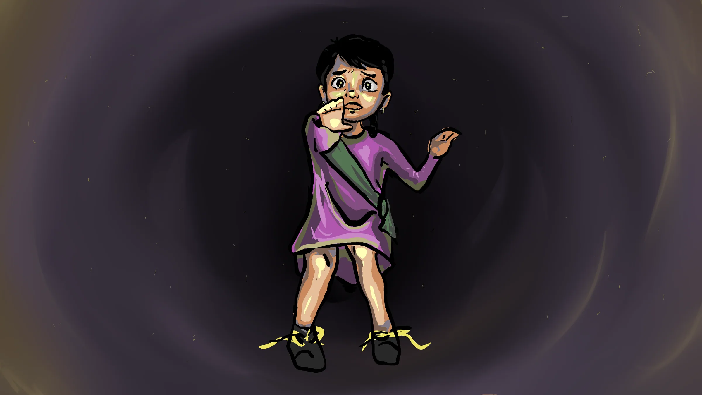 Hana in her purple dress, alone in a dark, swirling void