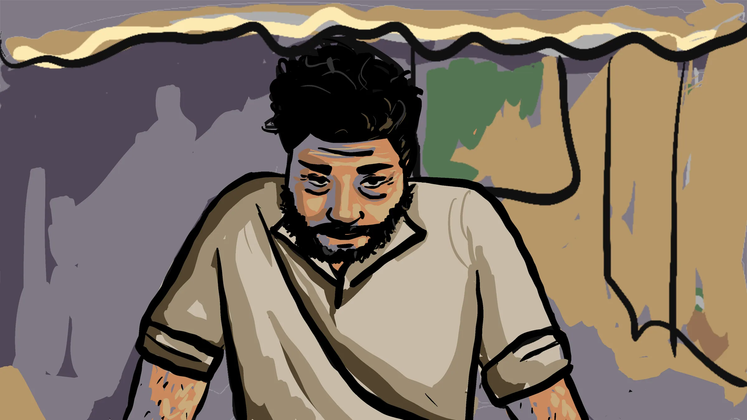 Close-up of Khalid’s worn, bearded face in his shop