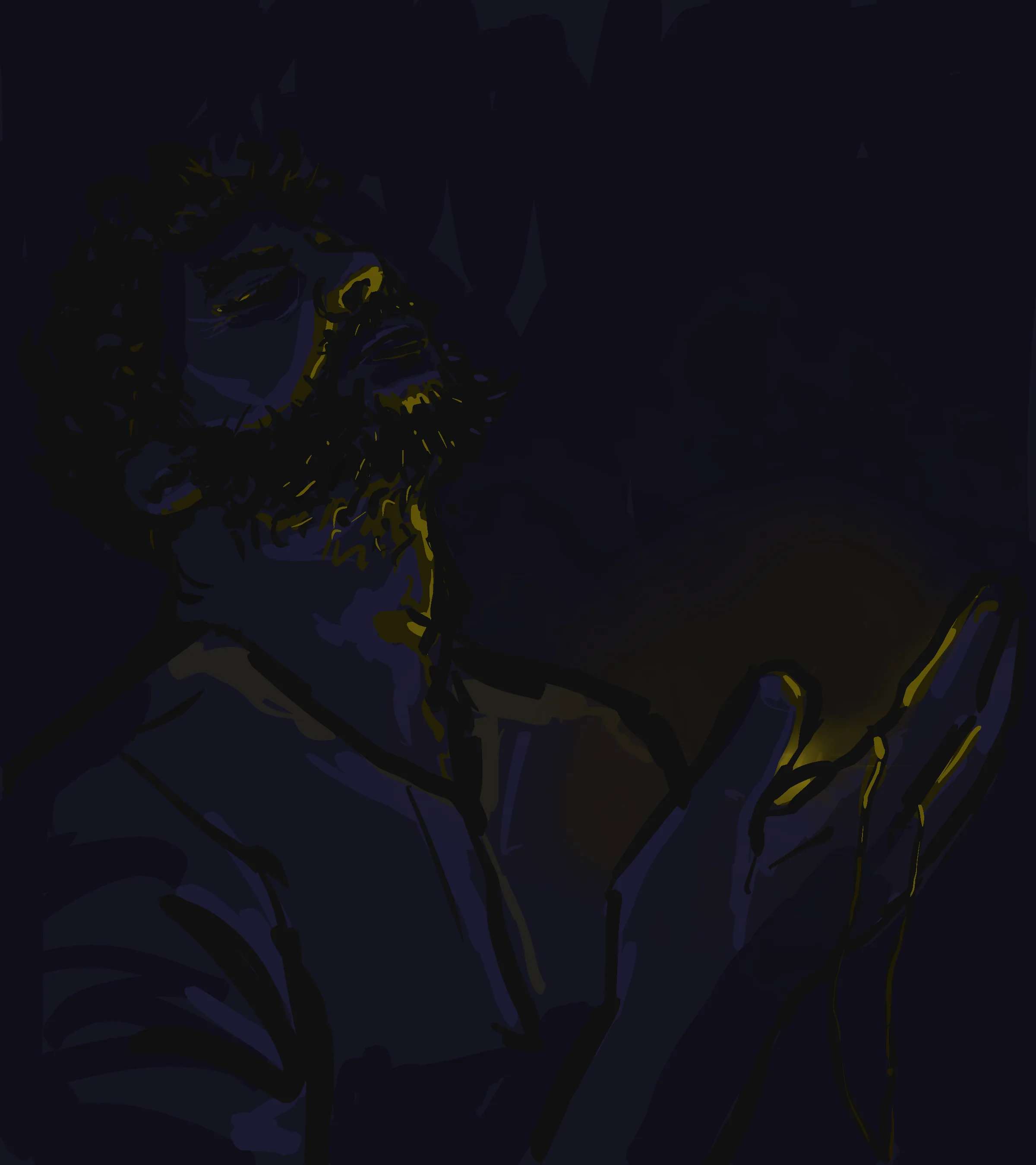 Khalid in the dark, lit faintly gold by the locket in his hands