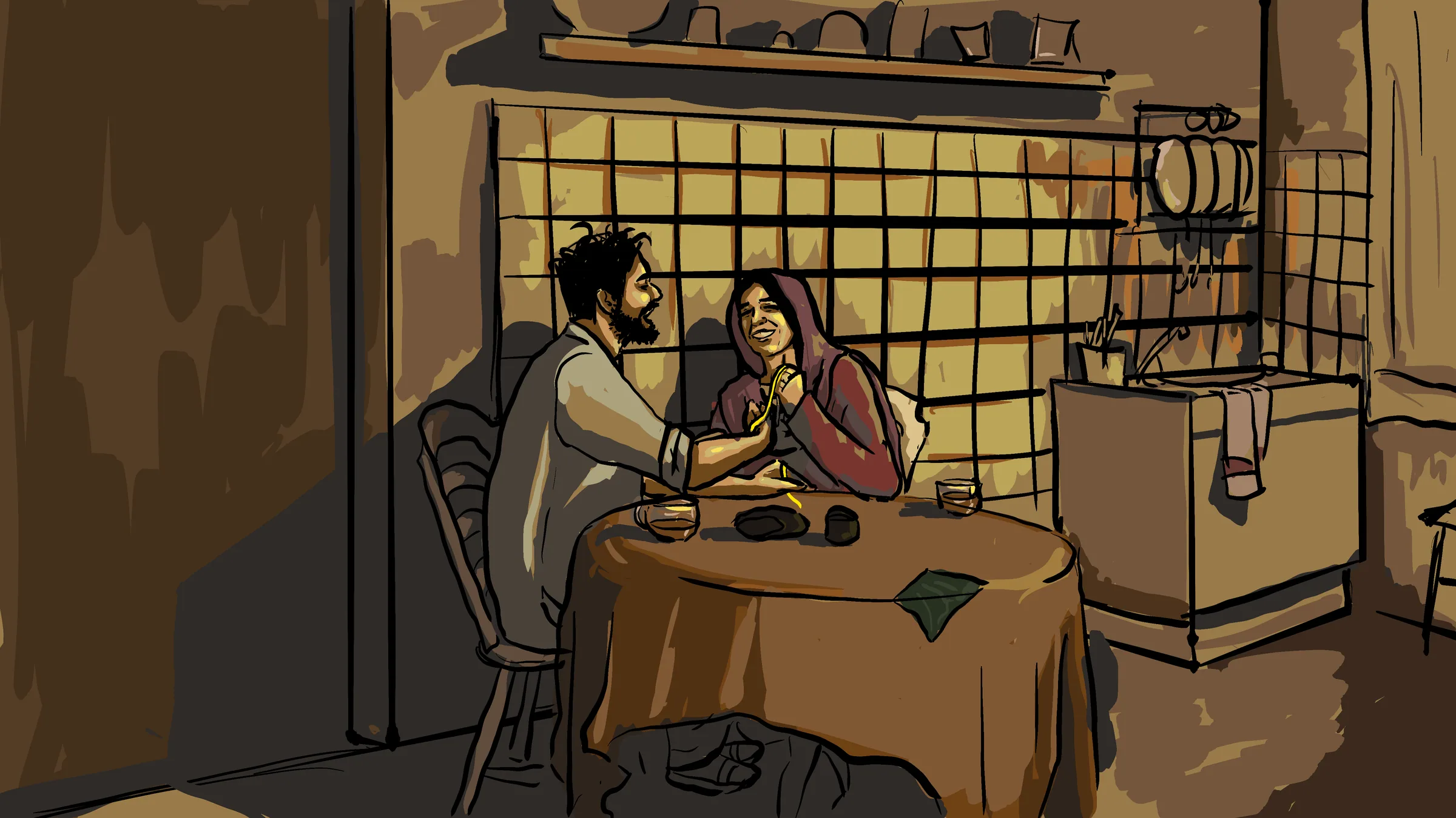 Khalid and Salma at a small kitchen table under a dim bulb