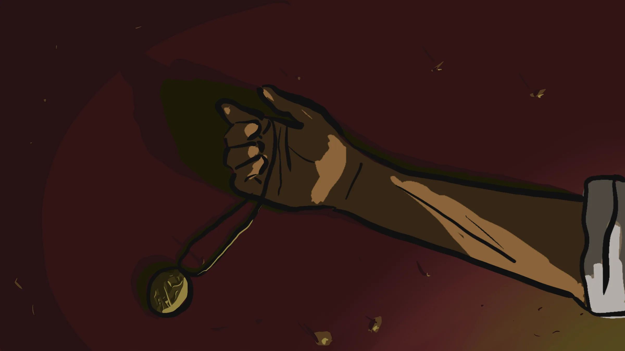 A hand reaching out over dark red ground, the locket hanging from it on a chain