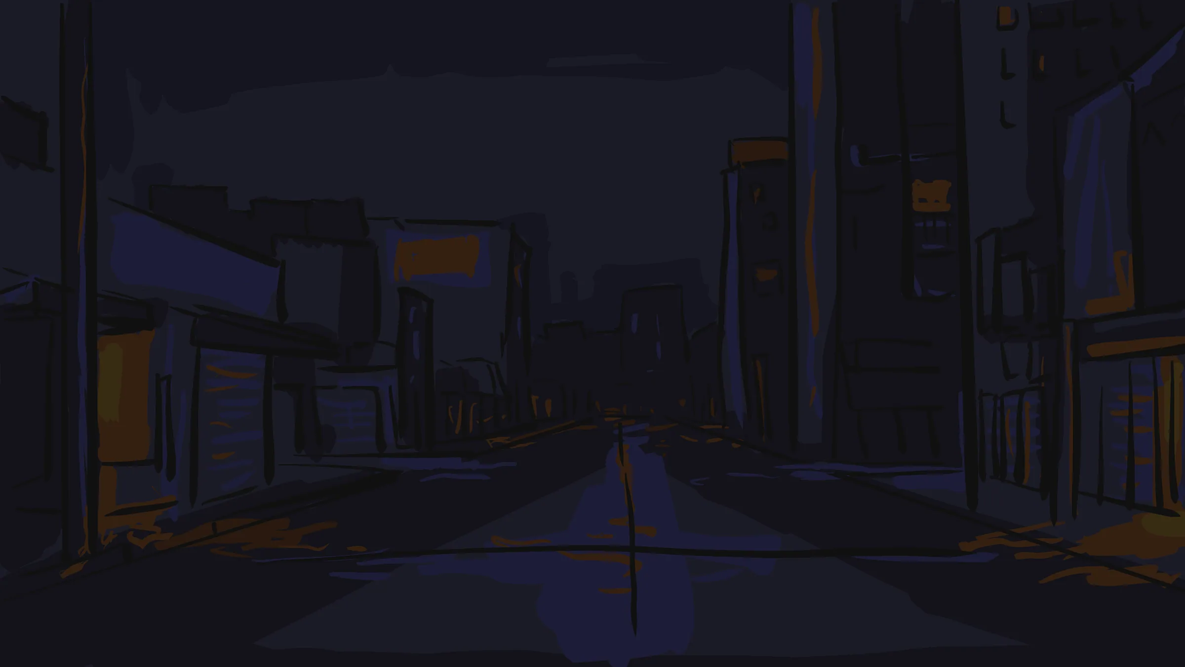 A deep blue night street between dark buildings