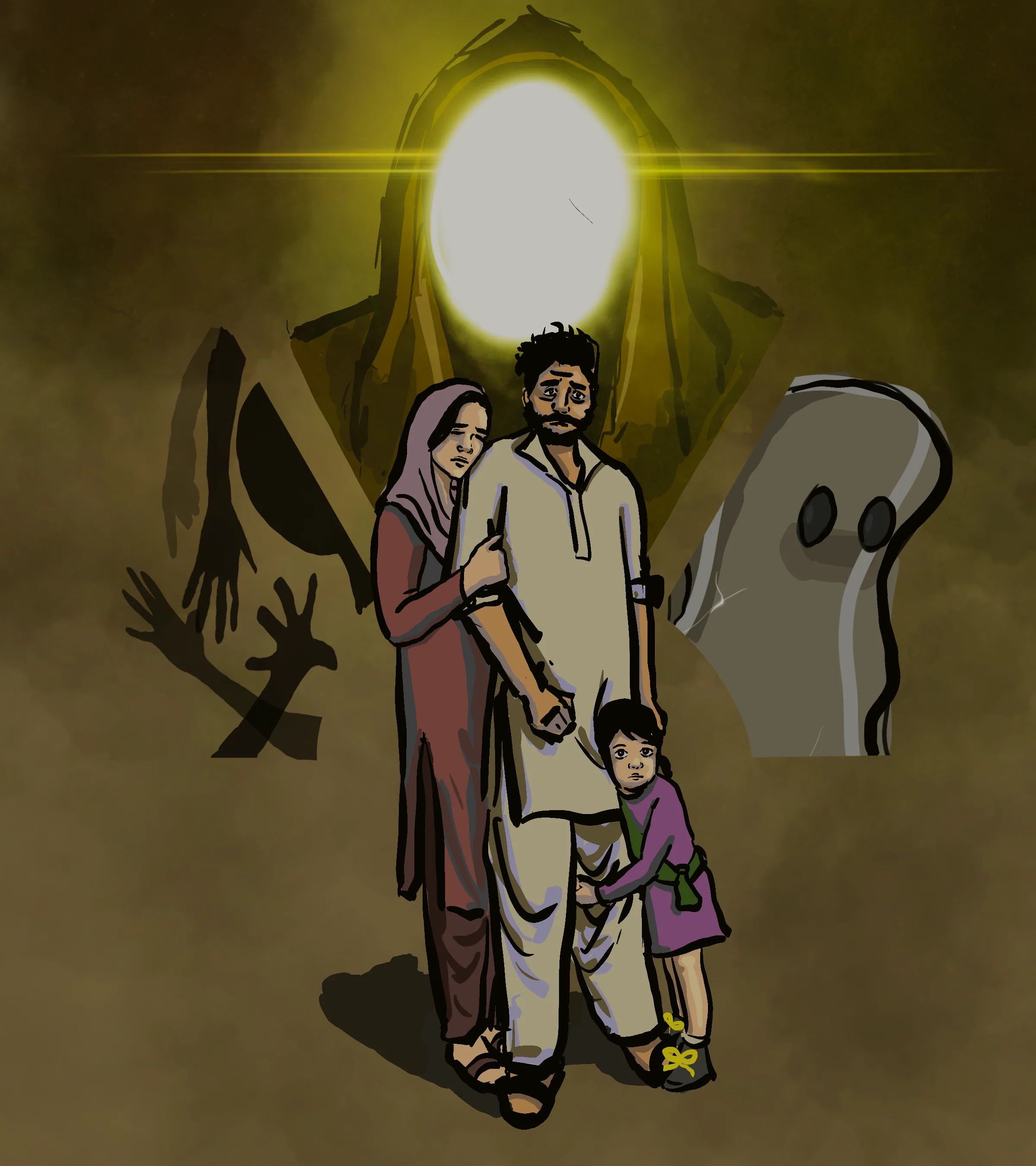 Khalid, Salma and Hana stand together beneath Azafir’s blinding light, the Blob beside them