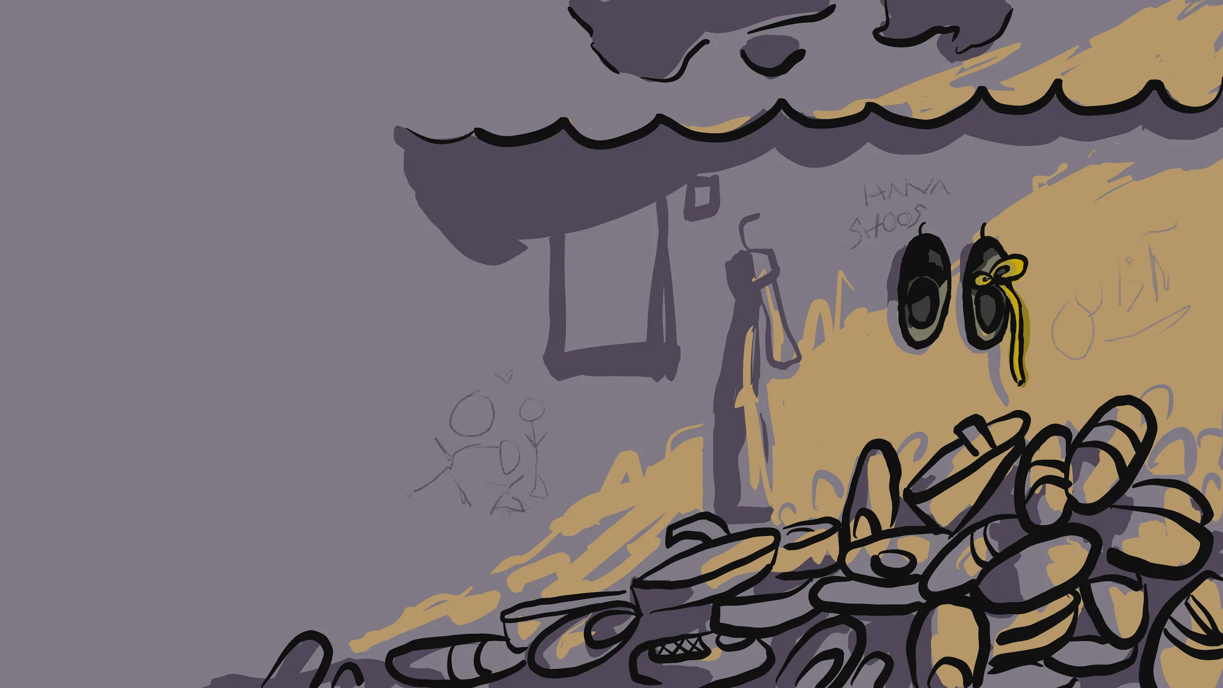 Hana’s small black shoes with yellow laces hanging on a pale wall above a heap of worn shoes