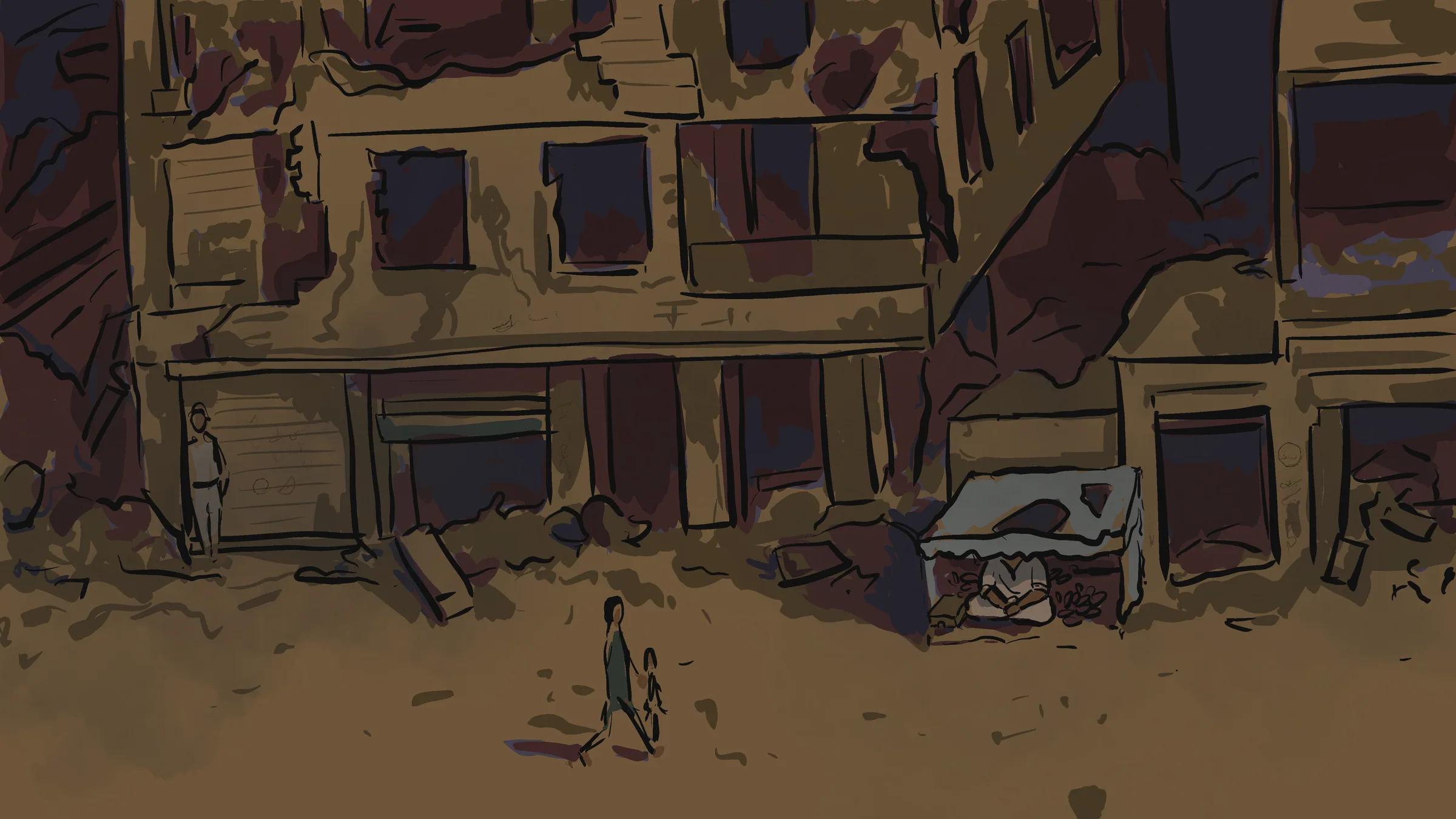 A ruined street of tan buildings with a small figure walking through the rubble