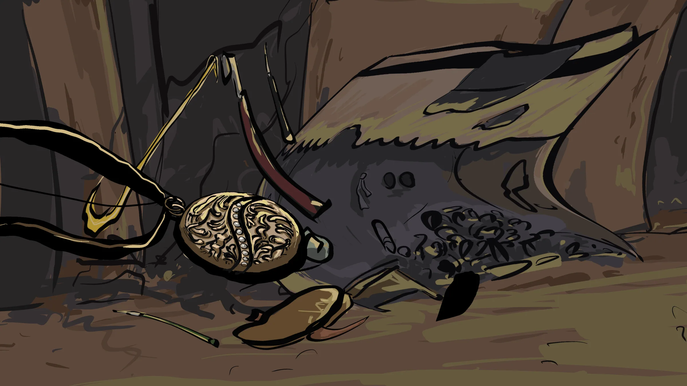 The cobbler’s workshop: tools and shoes on the bench, the locket glowing among them