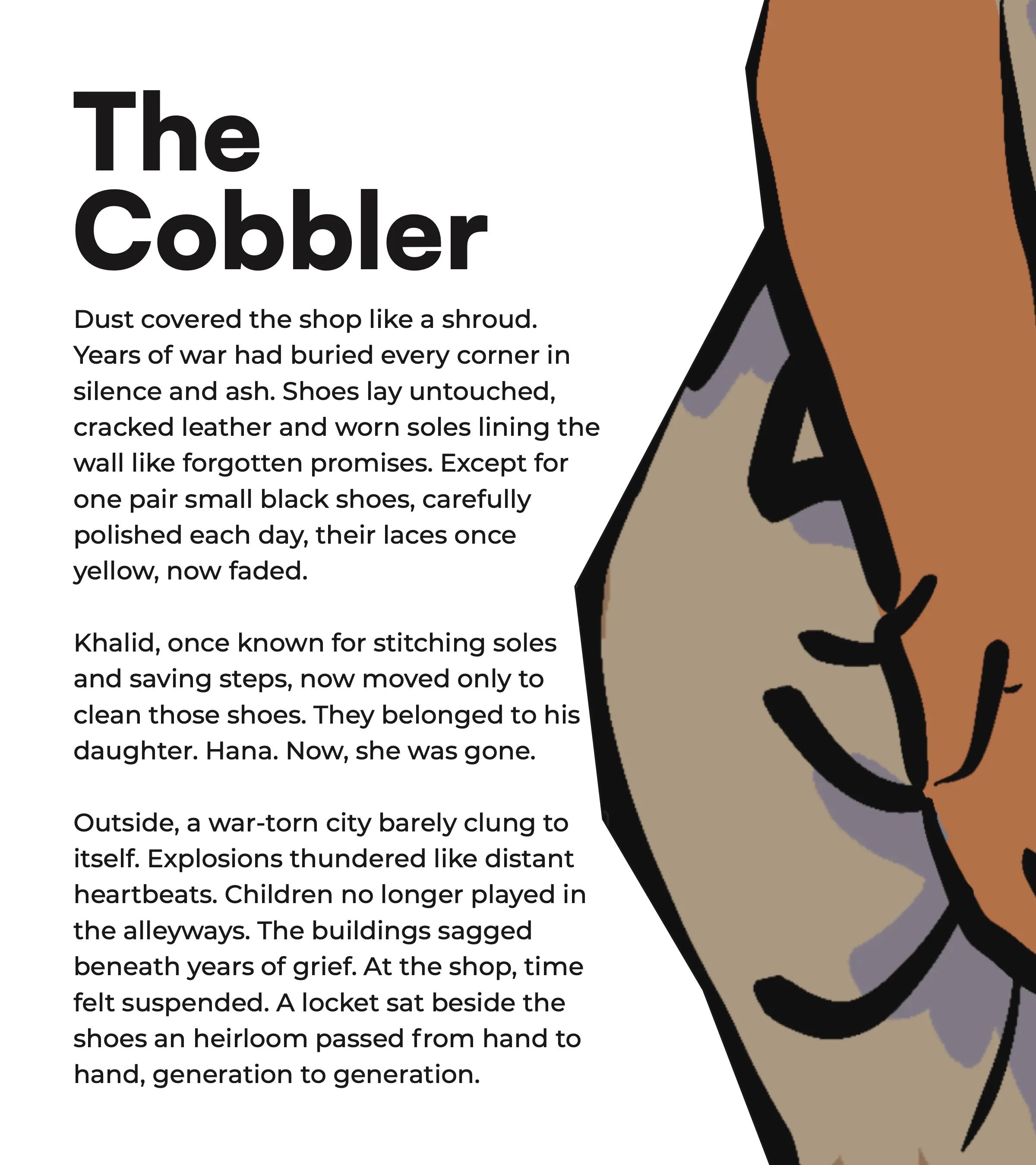 Chapter page “The Cobbler”: text on white beside a drawing of Khalid’s hands