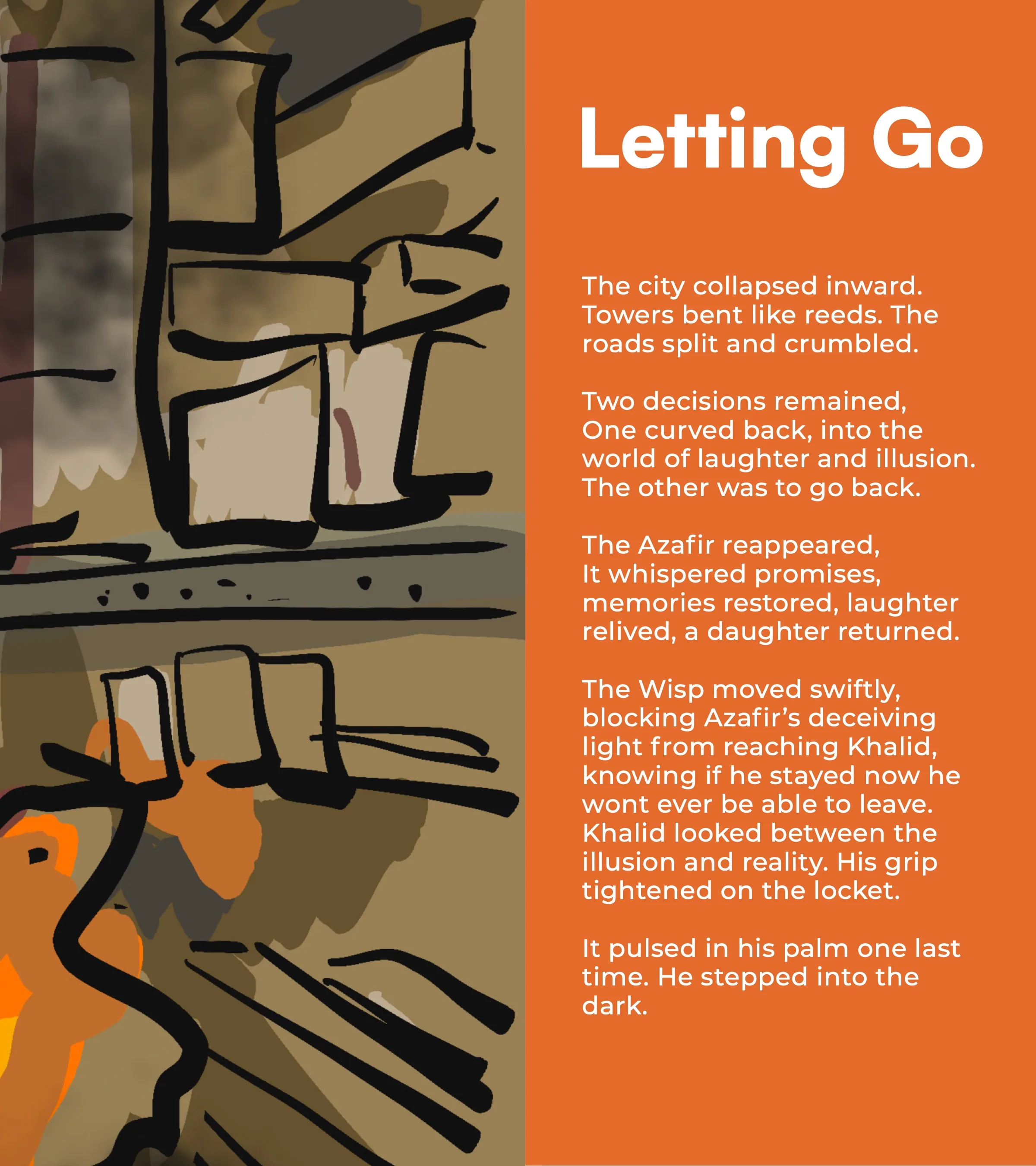 Chapter page “Letting Go” on ember orange beside a collapsing city