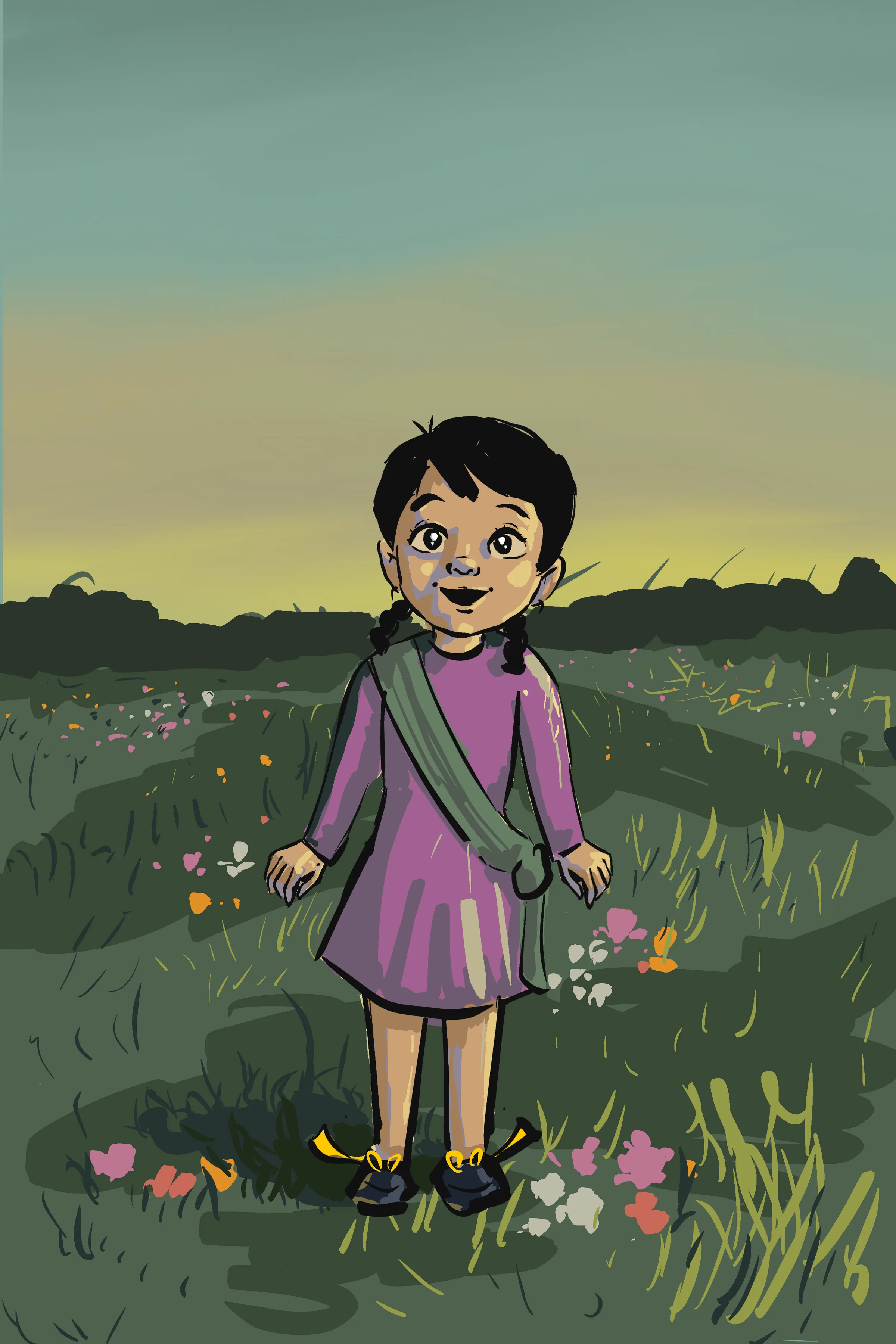 Hana standing in a meadow of flowers at dusk