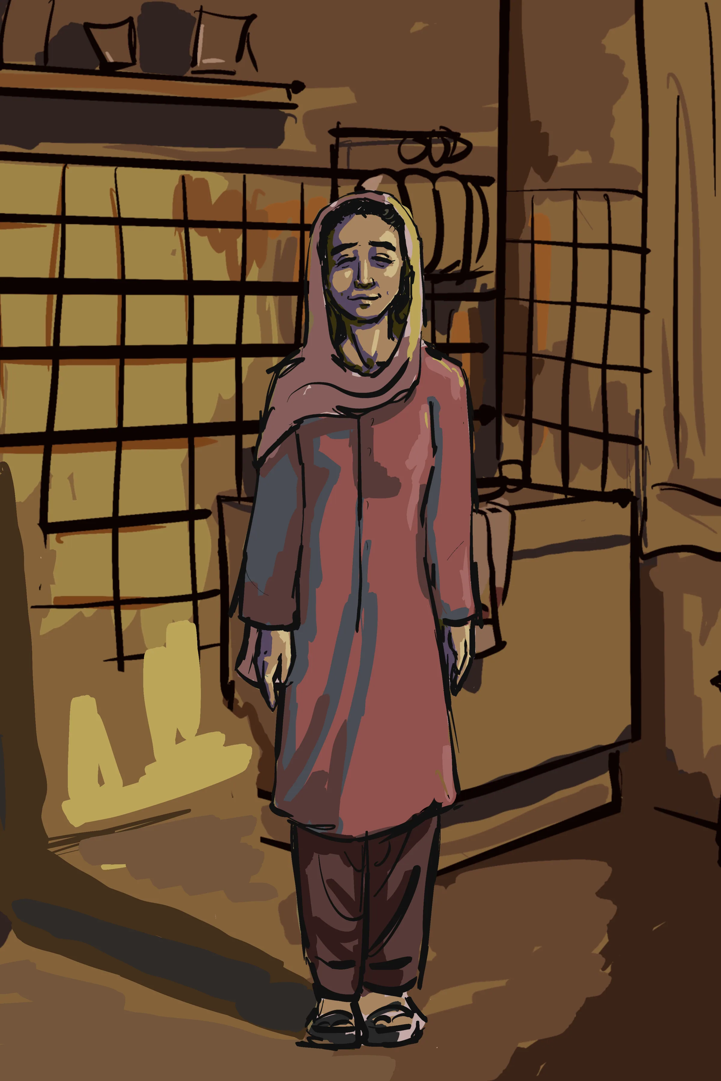 Salma standing at home in a red kurta and dupatta