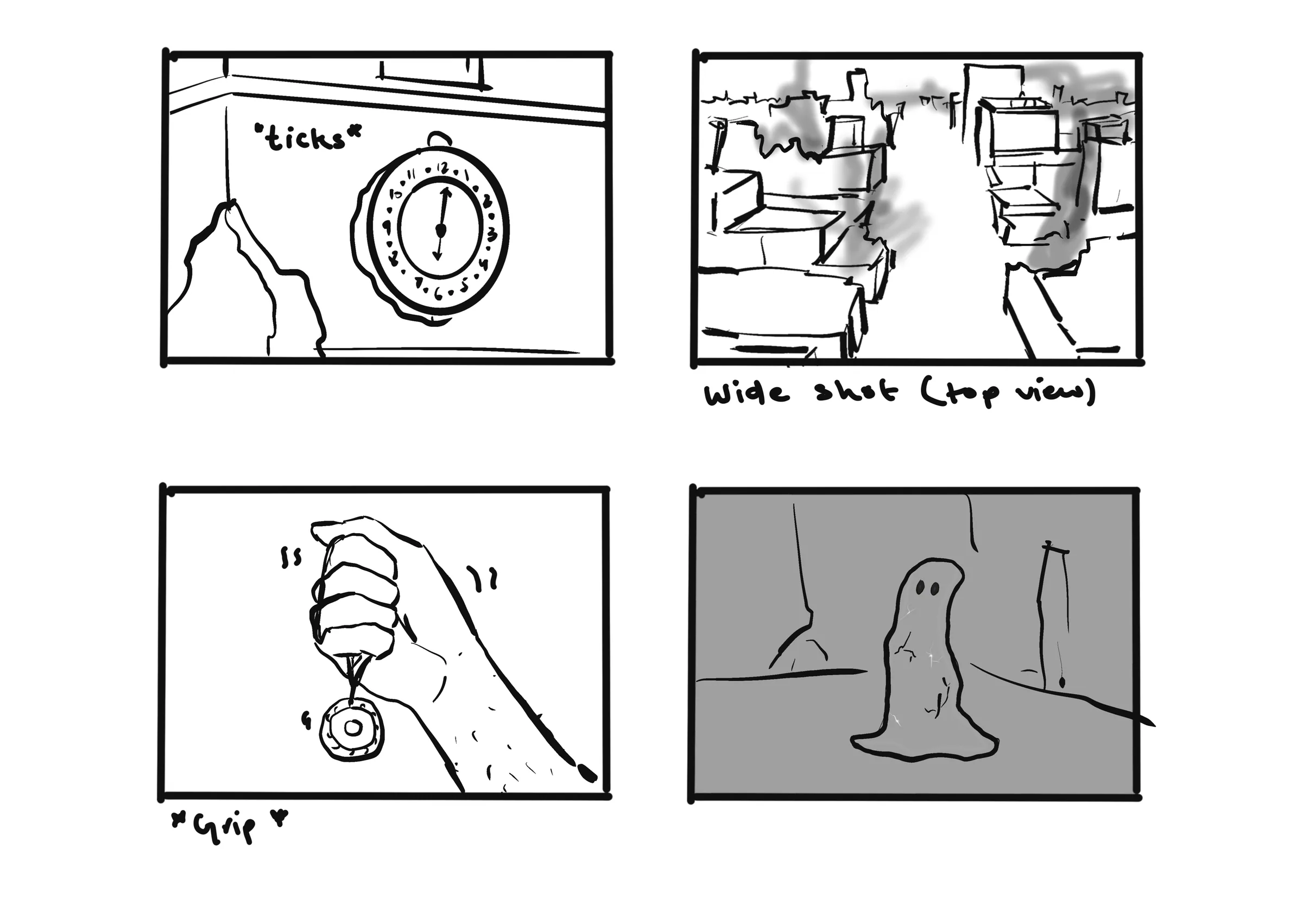Storyboard page: the clock, a wide top view of the city, the hand gripping the locket, and the Blob