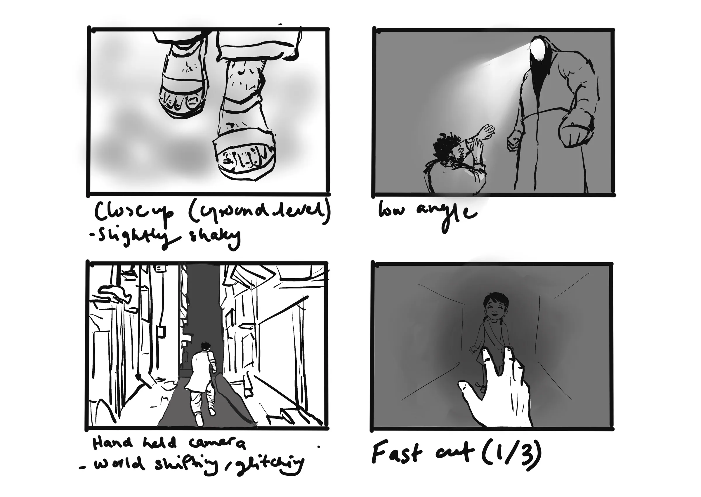 Storyboard page: a ground-level close-up of feet, a low angle on Azafir, a handheld alley and a fast cut