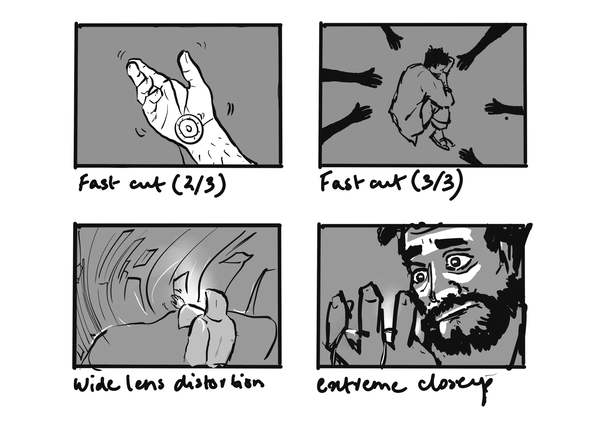 Storyboard page: fast cuts of the locket and reaching shadows, wide-lens distortion and an extreme close-up of Khalid