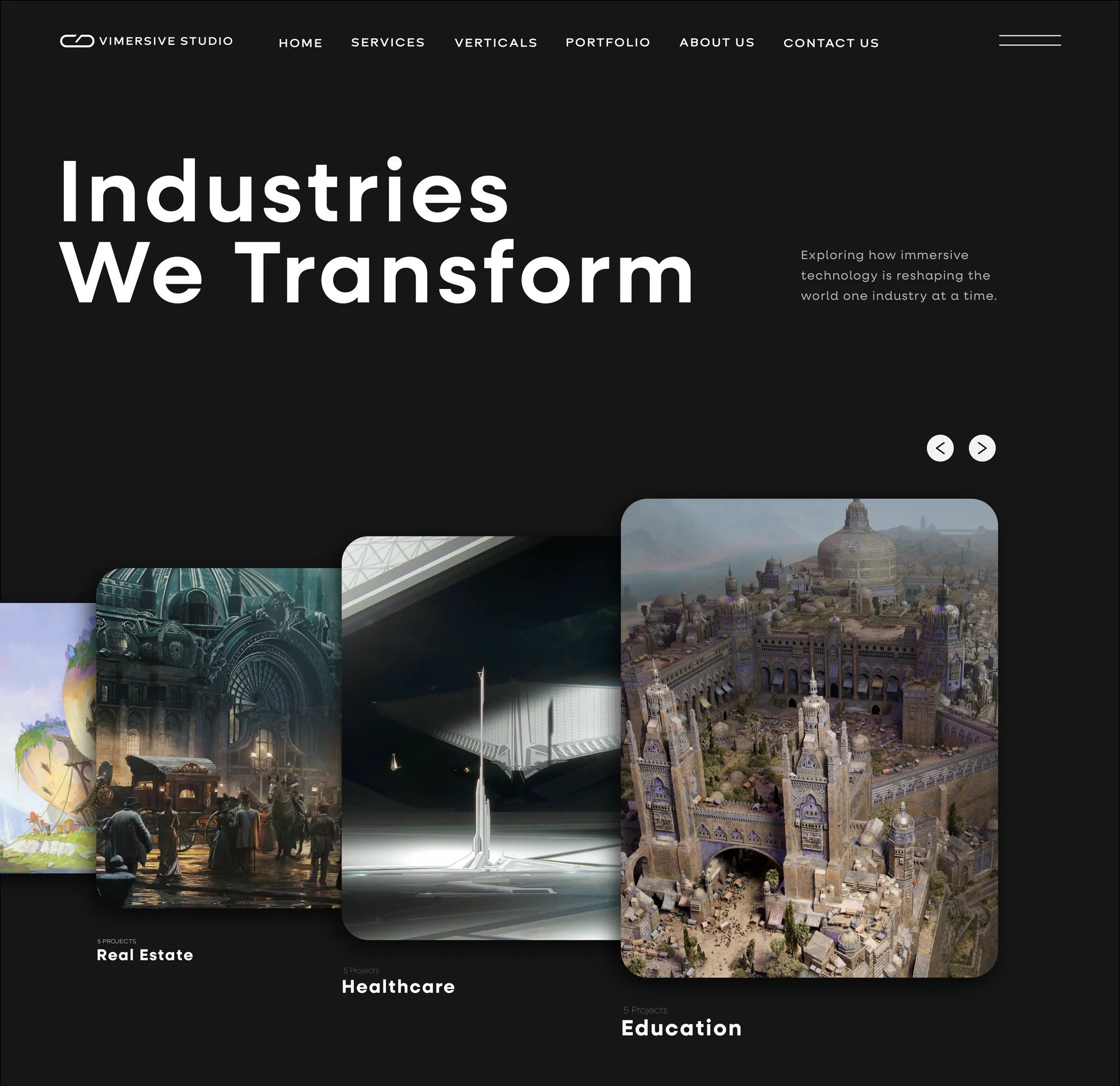 Website: “Industries We Transform”, with cards for real estate, healthcare and education