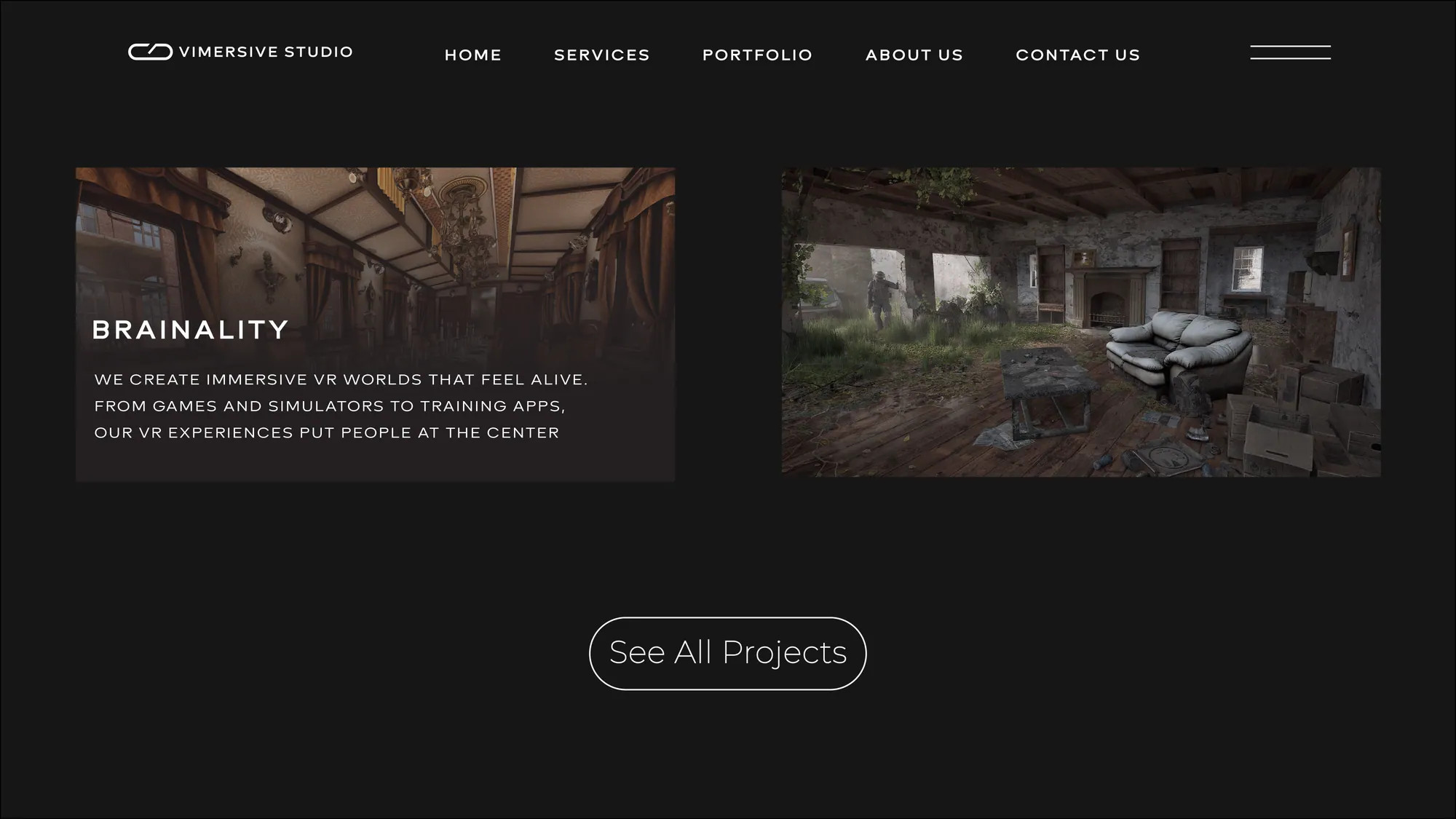 Website: a project card for Brainality beside a rendered interior, and See All Projects