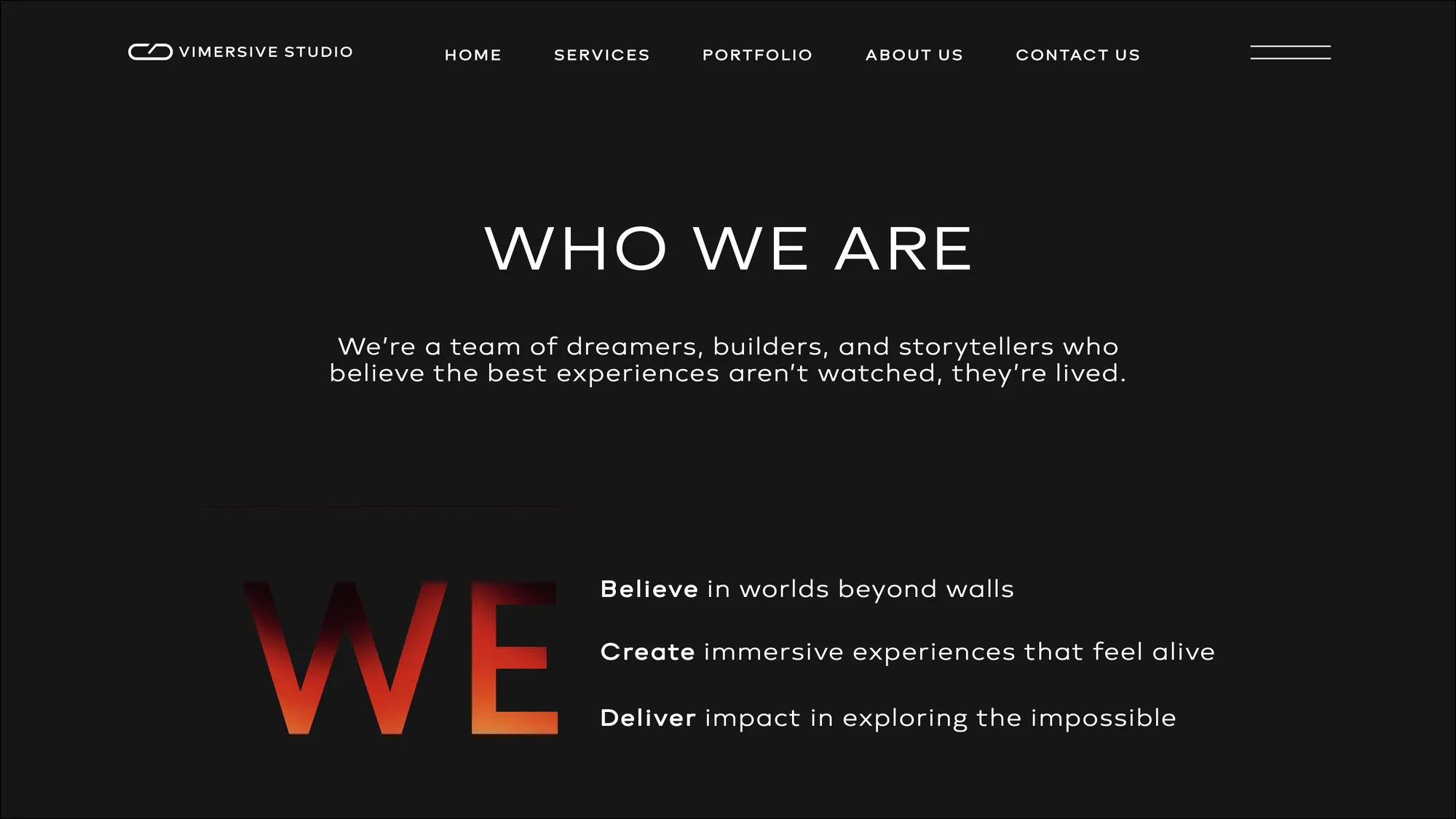 Website: “We believe, create, deliver”, a large red WE beside three lines